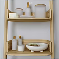 Bathroom Accessories With Wooden Shelf Gray Towels Soap Dispenser Wicker Basket And Green Plant
