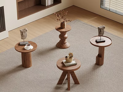 Wooden Tea Tables With Various Designs And Small Items In Room Interior 3d model