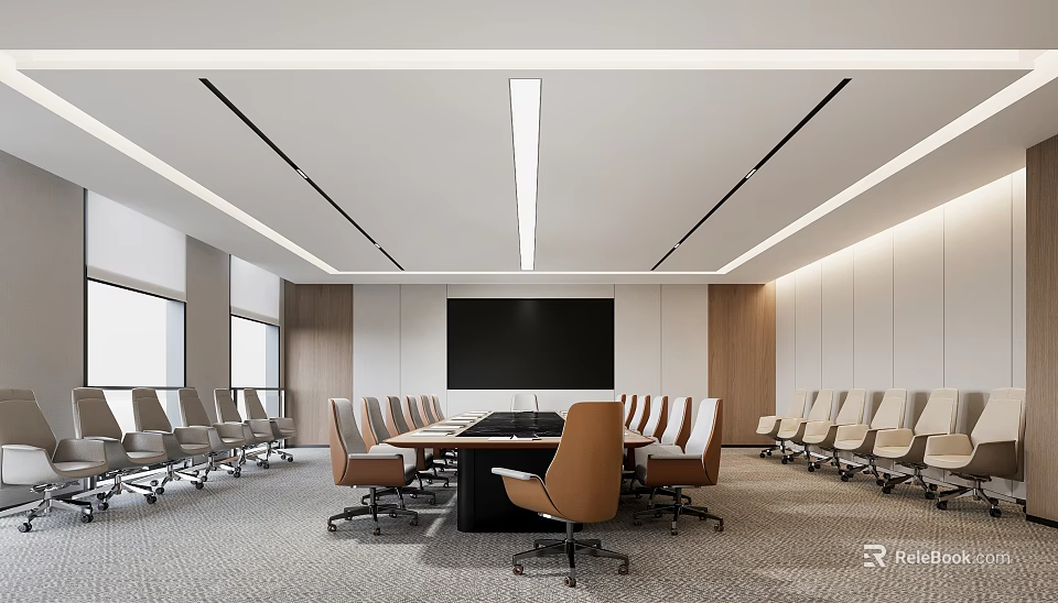Modern Conference Room Interior Design With Large Screen Wooden Table And Comfortable Chairs 3d model 