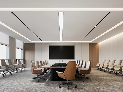Modern Conference Room Interior Design With Large Screen Wooden Table And Comfortable Chairs 3d model