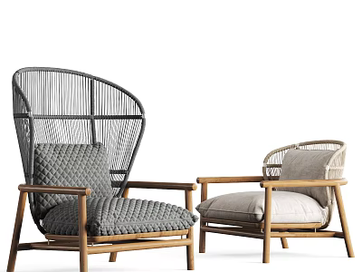 Stylish Pair of Woven Armchairs With Wooden Frames And Soft Neutral Cushions 3d model