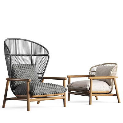 Stylish Pair of Woven Armchairs With Wooden Frames And Soft Neutral Cushions 3d model