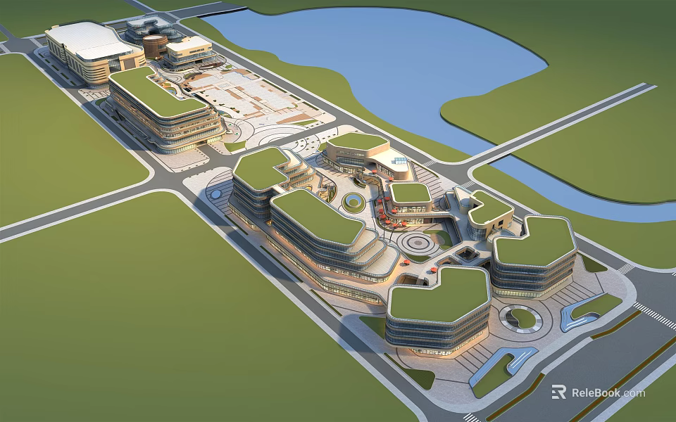 Modern Commercial Street District With Green Roof Buildings And Waterfront Area 3d model 