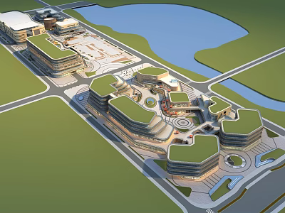 Modern Commercial Street District With Green Roof Buildings And Waterfront Area 3d model