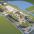 Modern Commercial Street District With Green Roof Buildings And Waterfront Area