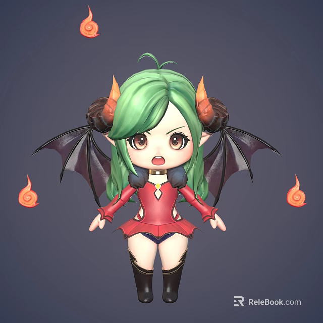 Cute Game And Movie Character With Green Hair Orange Horns Black Wings Red Outfit 3d model 