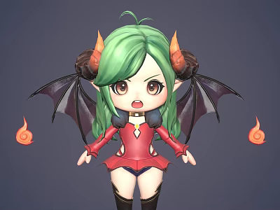 Cute Game And Movie Character With Green Hair Orange Horns Black Wings Red Outfit 3d model