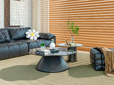 Black Leather Sofa and Coffee Table Set with White Flower Green Plants and Wooden Blinds 3d model