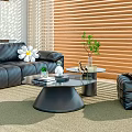 Black Leather Sofa and Coffee Table Set with White Flower Green Plants and Wooden Blinds
