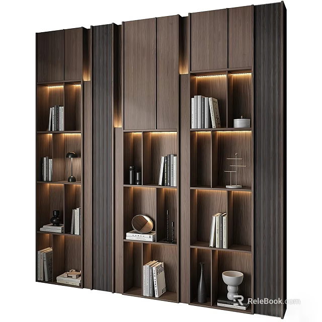 Modern Wooden Bookcase With Built in Lighting Decorative Shelves And Books 3d model 