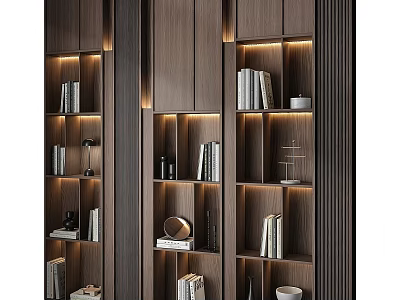 Modern Wooden Bookcase With Built in Lighting Decorative Shelves And Books 3d model