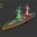 Classic Battleship Warship With Gray Upper Hull Red Bottom Two Funnels And Deck Guns