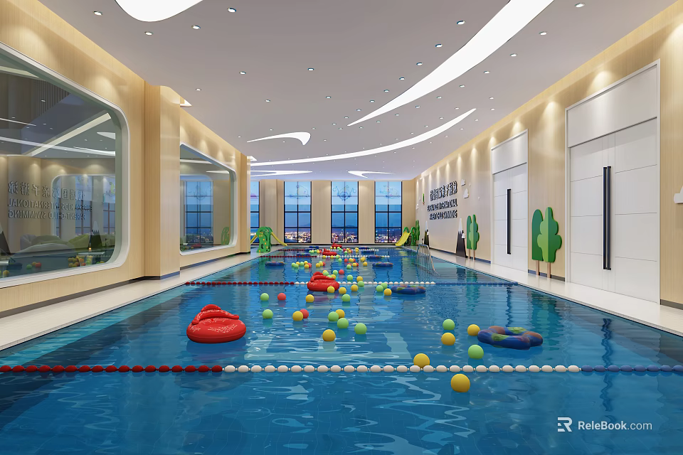 Indoor Swimming Pool with Colorful Floats Slide and Large Windows Design 3d model 