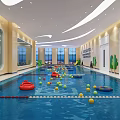Indoor Swimming Pool with Colorful Floats Slide and Large Windows Design