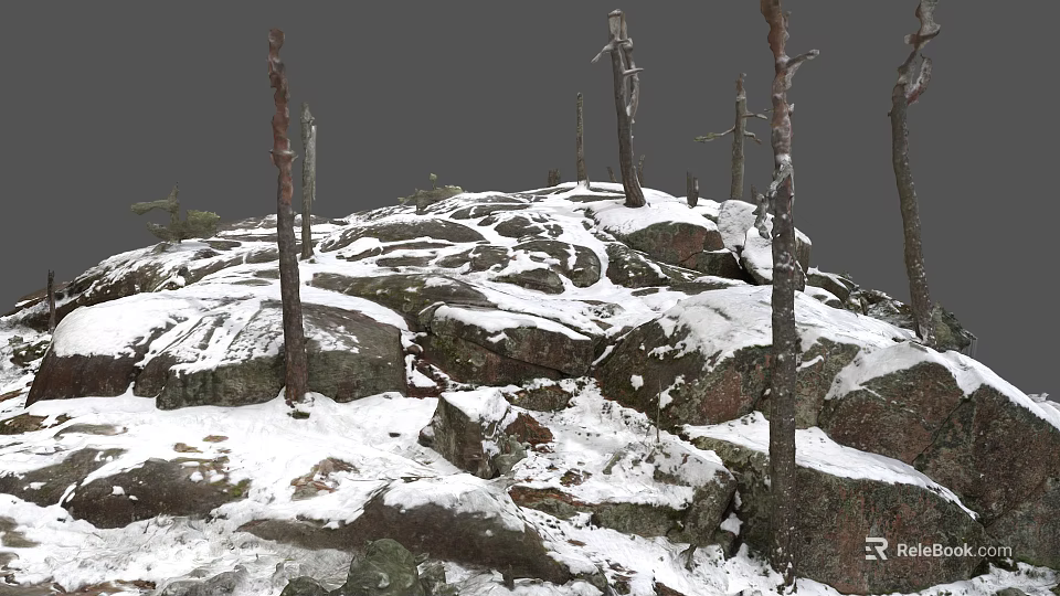 Beautiful Winter Landscape With Snow Covered Rocks And Bare Trees In Nature 3d model 