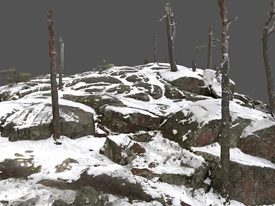Beautiful Winter Landscape With Snow Covered Rocks And Bare Trees In Nature 3d model