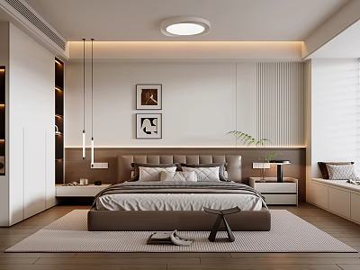 Modern Bedroom Interior With Large Bed Nightstands Pendant Lights Wall Art And Area Rug 3d model