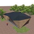 Modern Wooden Pavilion With Black Roof Green Trees And Brick Paved Ground