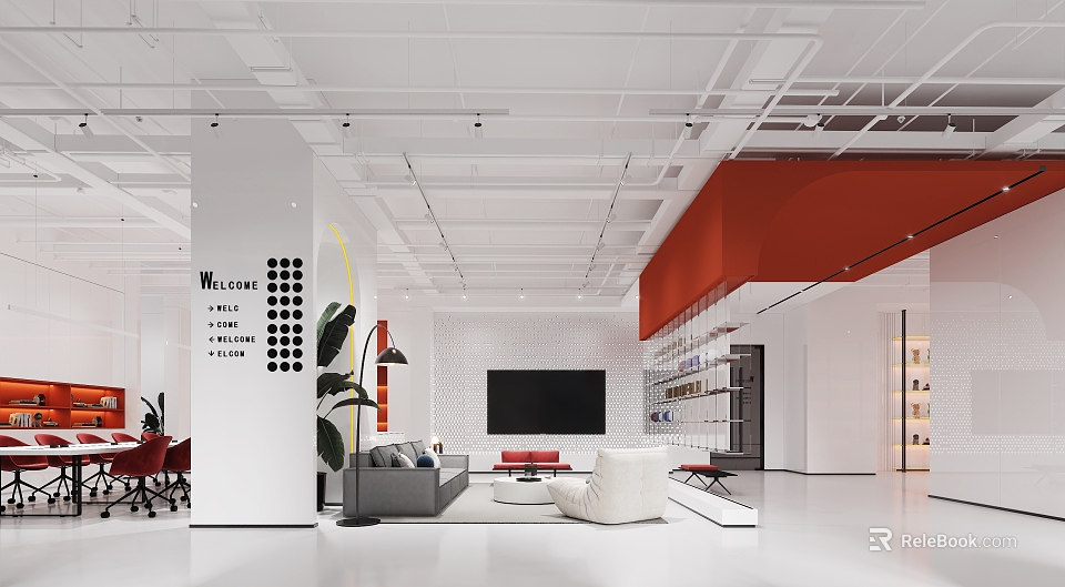 Modern Lounge Area Interior Design With Sofa TV Bookshelves And Red Accent Wall 3d model 