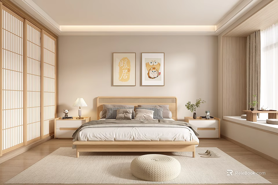 Minimalist Bedroom Interior With Wooden Bed Nightstands Decorative Paintings And Sliding Wardrobe 3d model 
