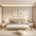 Minimalist Bedroom Interior With Wooden Bed Nightstands Decorative Paintings And Sliding Wardrobe