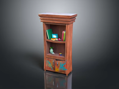 Wooden Bookshelf with Multiple Shelves Displaying Books Decorative Items and Colorful Cabinet Doors 3d model