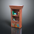 Wooden Bookshelf with Multiple Shelves Displaying Books Decorative Items and Colorful Cabinet Doors