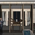 Modern Office Interior Design With Large Desk Comfortable Chairs Wooden Bookshelves And Decorative Items