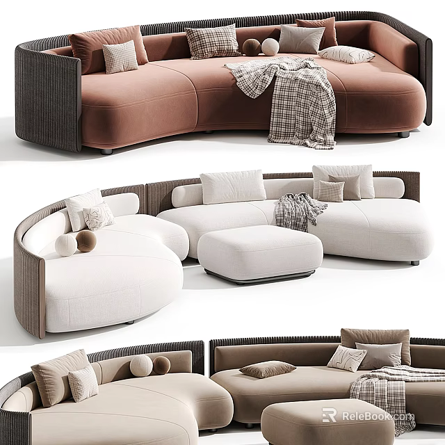 Stylish Double Sofa Curved Modular Design Beige Brown Fabric With Decorative Pillows And Throw Blanket 3d model 