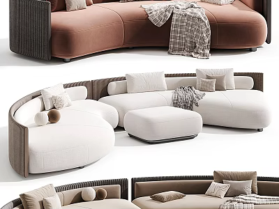 Stylish Double Sofa Curved Modular Design Beige Brown Fabric With Decorative Pillows And Throw Blanket 3d model