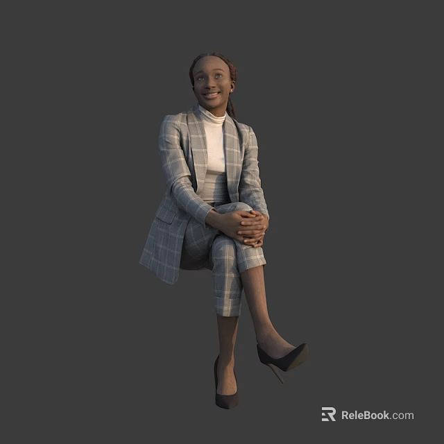 Woman in Gray Plaid Blazer White Top Pants and Black High Heels Sitting with Crossed Hands 3d model 