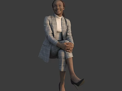 Woman in Gray Plaid Blazer White Top Pants and Black High Heels Sitting with Crossed Hands 3d model