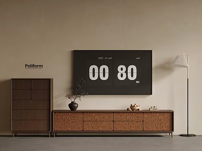 Modern Wooden TV Stand With Wall Mounted TV Tall Cabinet And Decorations 3d model