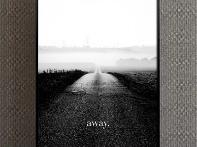 Black and white scenic landscape painting with stretching road through misty distant fields 3d model