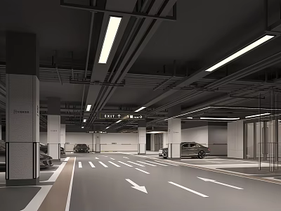 Modern Indoor Parking Lot With Spacious Layout Bright Lighting Arrow Markings And Parked Cars 3d model