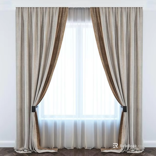 Elegant Beige Brown Double Layer Curtain With Tie Backs And Light Filtering Fabric 3d model 