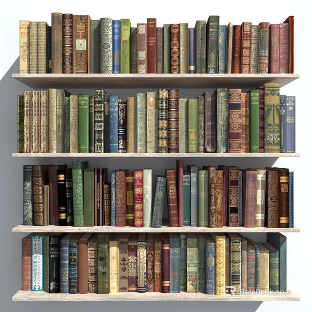 Diverse Book Collection On Wooden Shelves With Various Bound Classic Volumes 3d model 