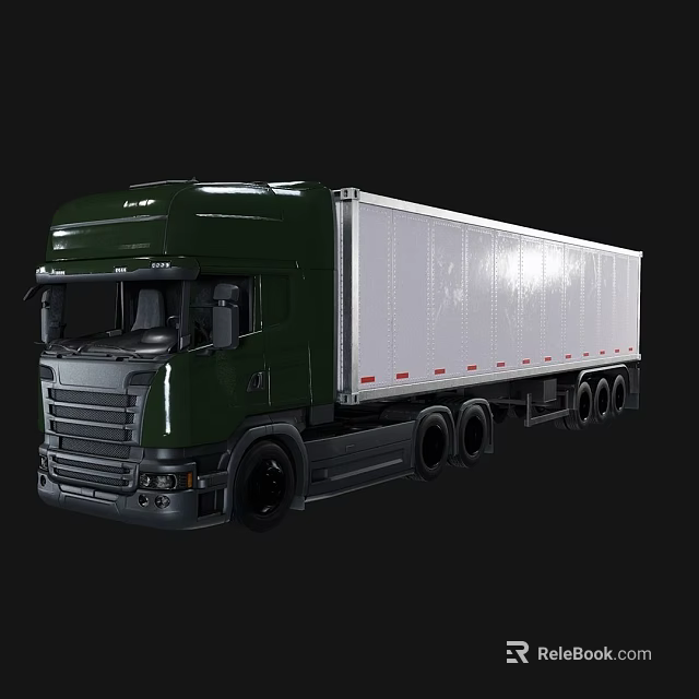 Green Large Cargo Truck Side Profile Featuring White Container And Multiple Wheels 3d model
