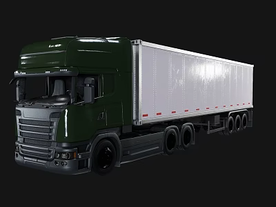 Green Large Cargo Truck Side Profile Featuring White Container And Multiple Wheels 3d model