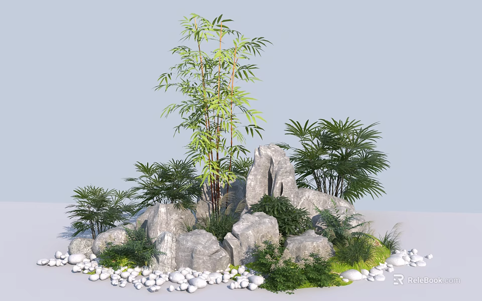 Charming Garden Decorative Landscape With Tall Bamboo Plants Rocks Green Foliage And White Pebbles 3d model 