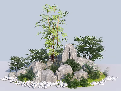 Charming Garden Decorative Landscape With Tall Bamboo Plants Rocks Green Foliage And White Pebbles 3d model