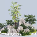 Charming Garden Decorative Landscape With Tall Bamboo Plants Rocks Green Foliage And White Pebbles