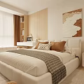 Modern Bedroom Interior With Bed Nightstand Desk Rug Circular Decor And Natural Light