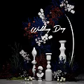 Wedding Day Decor Setup With Floral Arrangement White Pillars And Candles