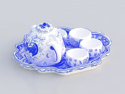 Elegant Blue and White Ceramic Tea Set with Decorative Teapot Cups and Tray 3d model