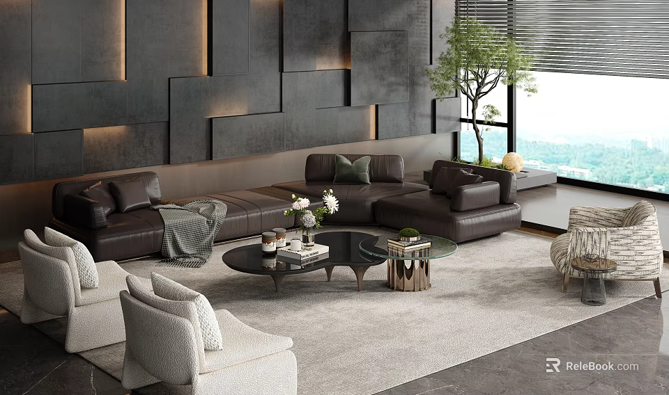 Modern Living Room Interior Design With Brown L Shaped Sofa Grey Rug And Large Window 3d model 