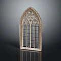 Gothic Arched Casement Window With Intricate Stone Carvings And Multiple Glass Panes