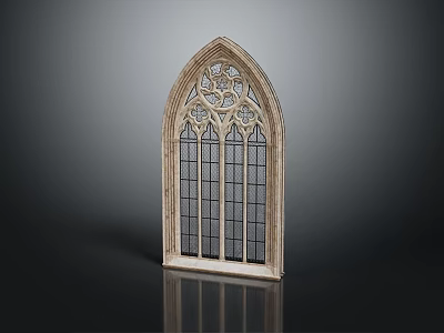 Gothic Arched Casement Window With Intricate Stone Carvings And Multiple Glass Panes 3d model