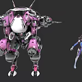 Game Movie Character Sci Fi Pink White Mecha With Female Pilot In Blue White Outfit