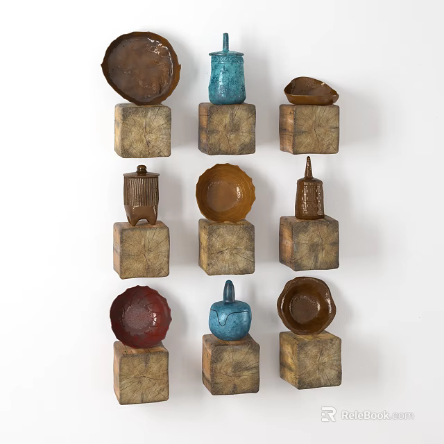 Vibrant Ceramic Wall Decor Pieces Arranged On Wooden Square Bases 3d model 